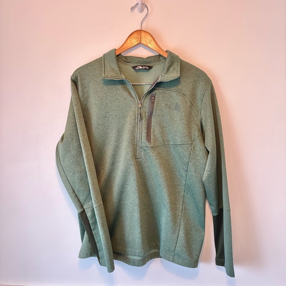 North Face Mens LARGE Quarter Zip Pullover Green Zipper Pocket Long Sleeve